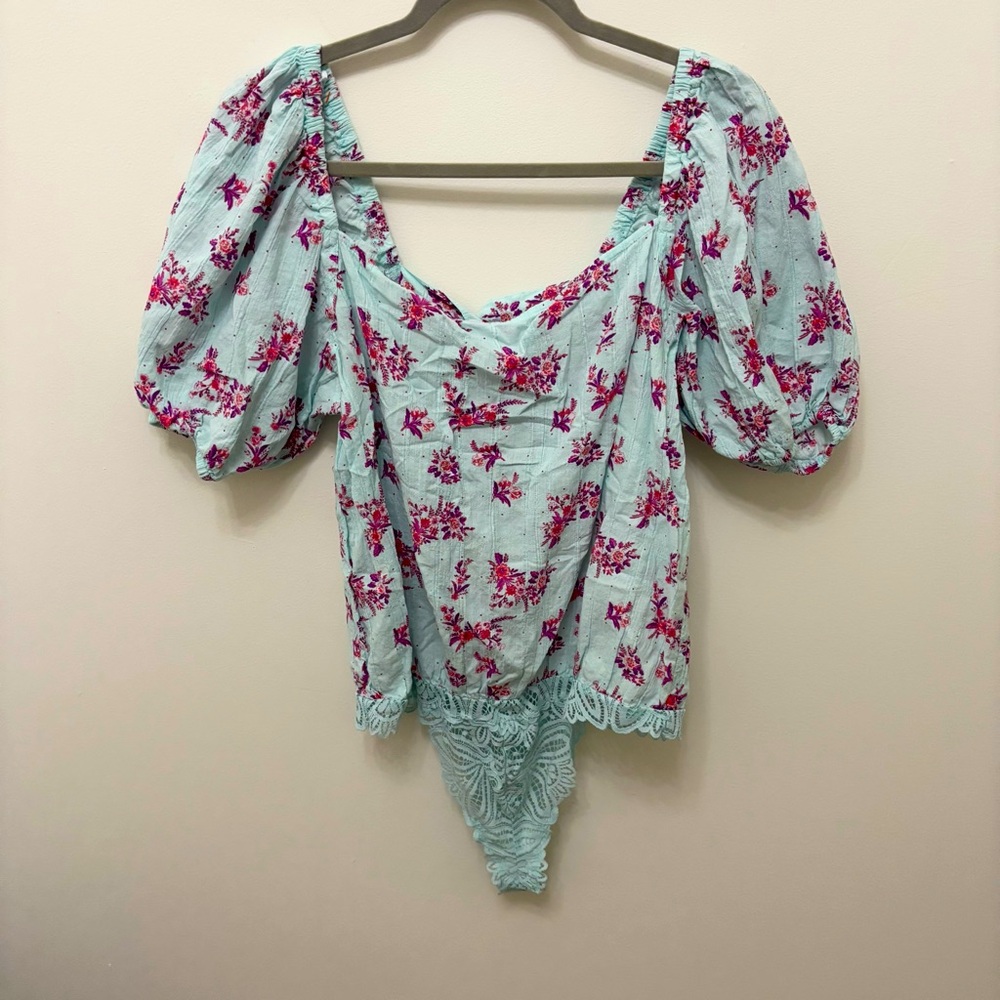Free People Floral Bodysuit - Light Blue and Magenta
